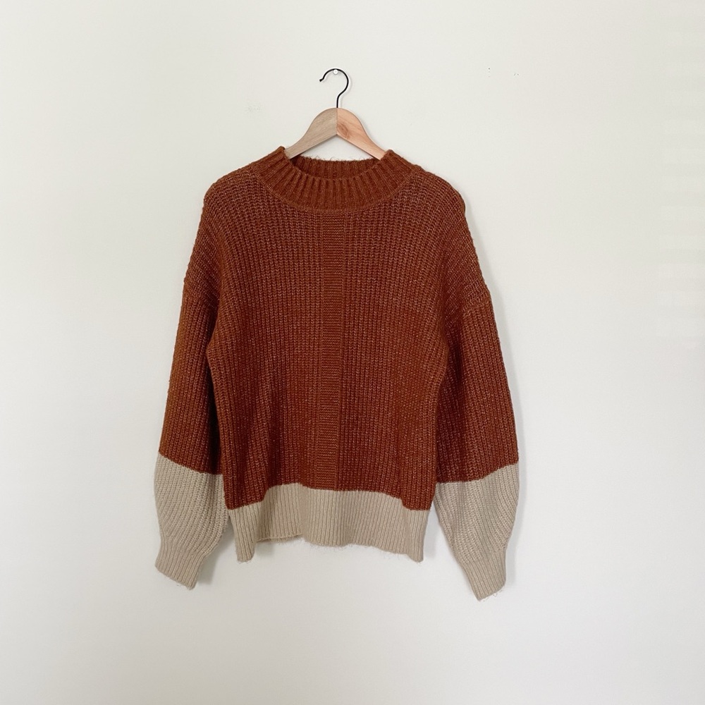 Pink Lily Burnt Orange & Tan Colorblock Over Sized Mock Neck Sweater
